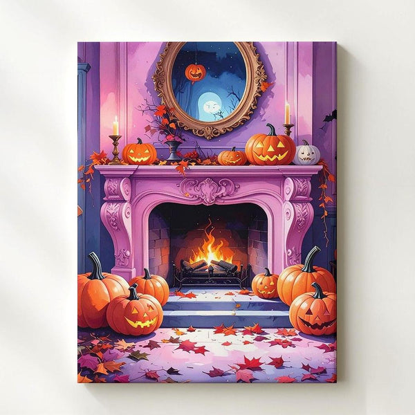 Vintage Pink-Trim Fireplace Canvas – Elegant Halloween Decor with Pumpkins & Leaves - Gifitto