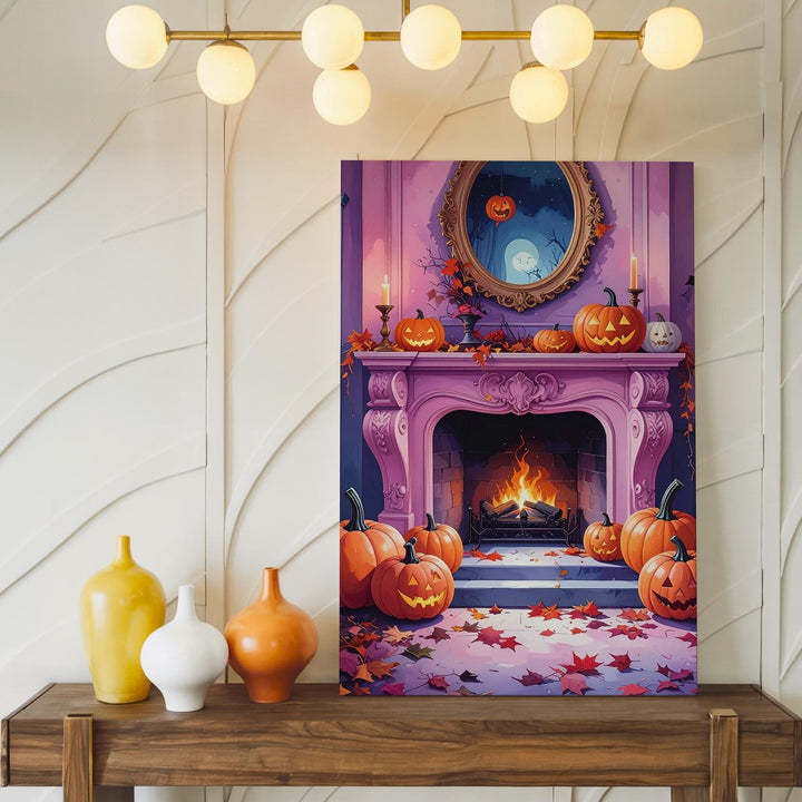 Vintage Pink-Trim Fireplace Canvas – Elegant Halloween Decor with Pumpkins & Leaves - Gifitto