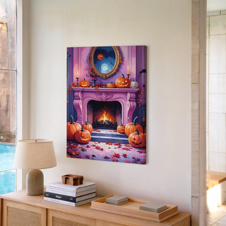 Vintage Pink-Trim Fireplace Canvas – Elegant Halloween Decor with Pumpkins & Leaves - Gifitto