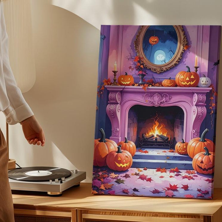 Vintage Pink-Trim Fireplace Canvas – Elegant Halloween Decor with Pumpkins & Leaves - Gifitto