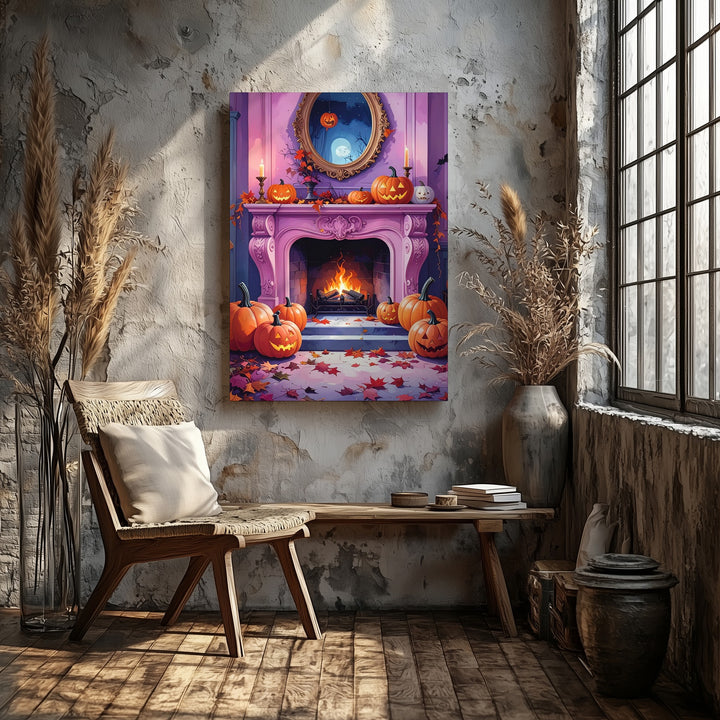 Vintage Pink-Trim Fireplace Canvas – Elegant Halloween Decor with Pumpkins & Leaves - Gifitto