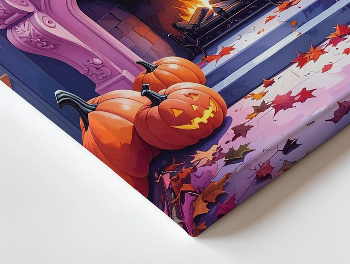 Vintage Pink-Trim Fireplace Canvas – Elegant Halloween Decor with Pumpkins & Leaves - Gifitto