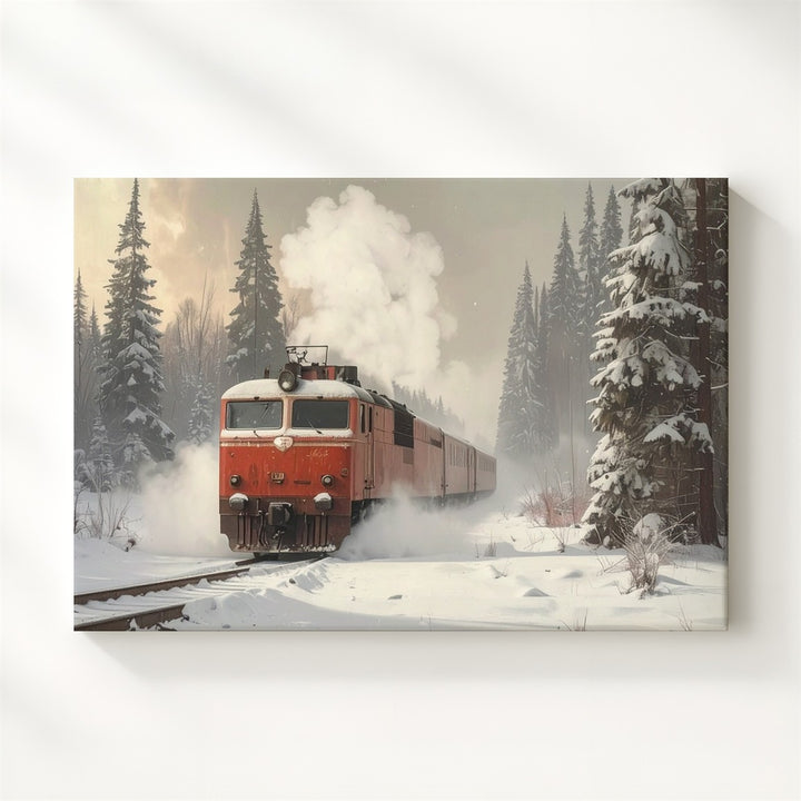 Vintage Red Locomotive Canvas – Nostalgic Winter Train Journey Art - Gifitto