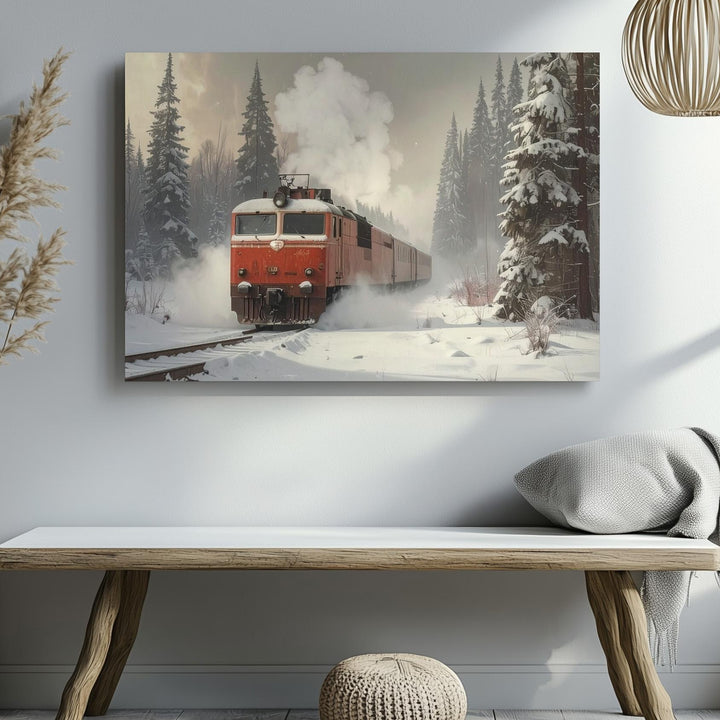 Vintage Red Locomotive Canvas – Nostalgic Winter Train Journey Art - Gifitto