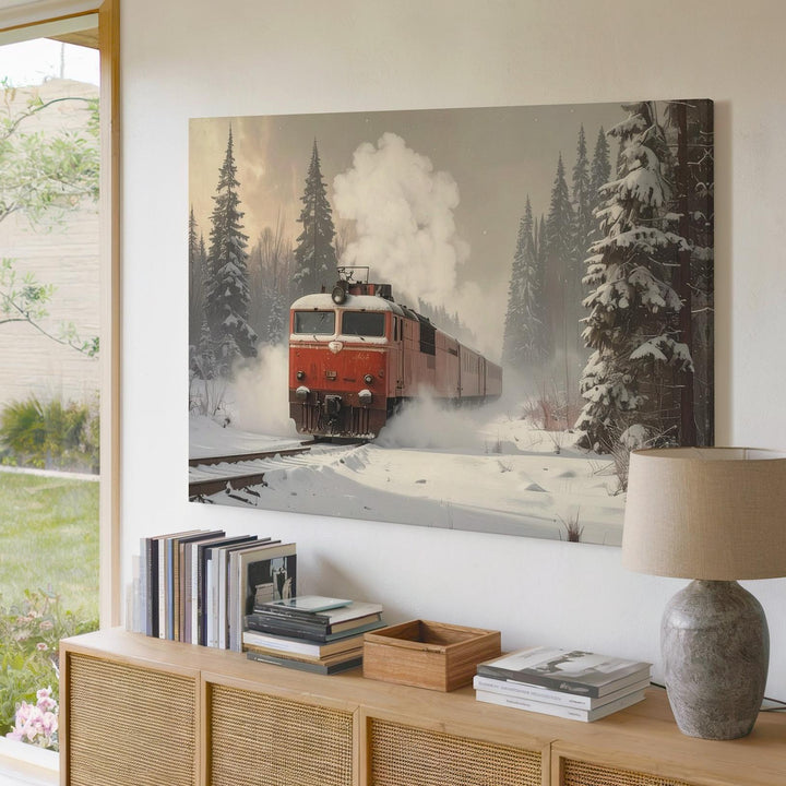 Vintage Red Locomotive Canvas – Nostalgic Winter Train Journey Art - Gifitto