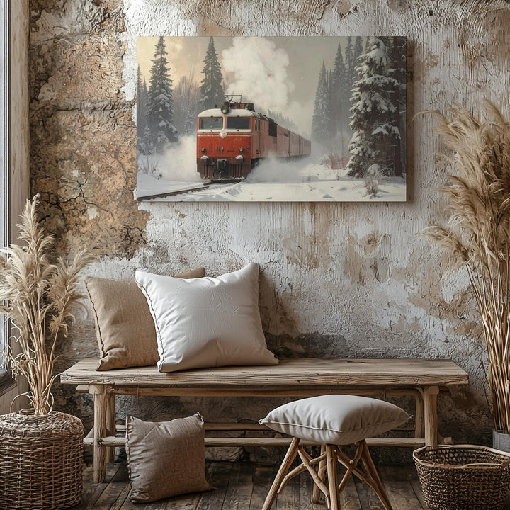 Vintage Red Locomotive Canvas – Nostalgic Winter Train Journey Art - Gifitto