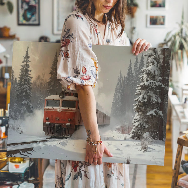 Vintage Red Locomotive Canvas – Nostalgic Winter Train Journey Art - Gifitto