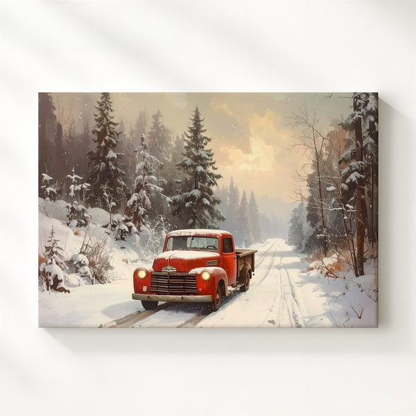 Vintage Red Truck Canvas – Cozy Winter Drive Through Snowy Forest - Gifitto