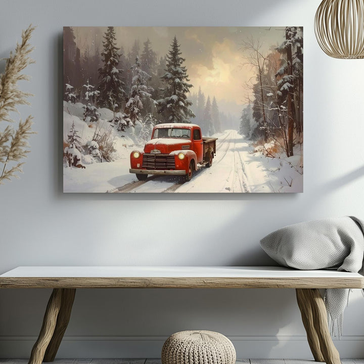 Vintage Red Truck Canvas – Cozy Winter Drive Through Snowy Forest - Gifitto