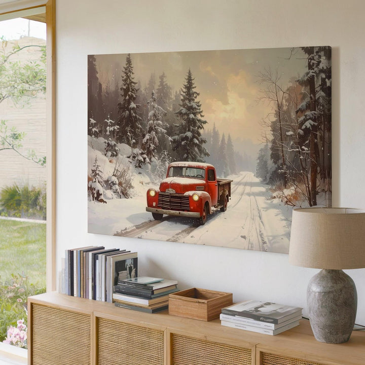 Vintage Red Truck Canvas – Cozy Winter Drive Through Snowy Forest - Gifitto