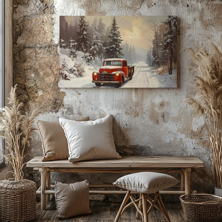 Vintage Red Truck Canvas – Cozy Winter Drive Through Snowy Forest - Gifitto