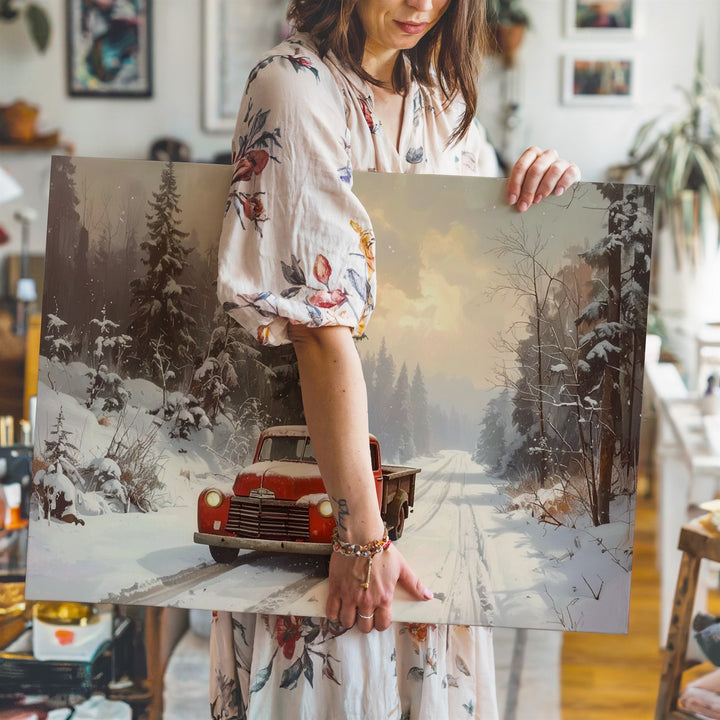 Vintage Red Truck Canvas – Cozy Winter Drive Through Snowy Forest - Gifitto