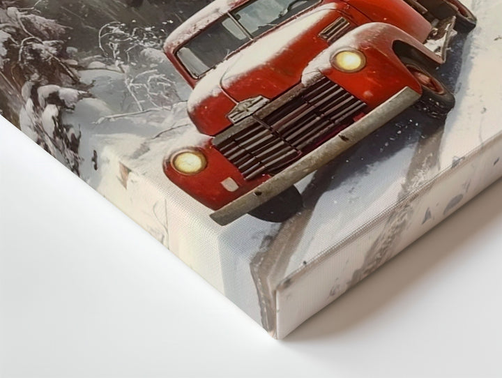Vintage Red Truck Canvas – Cozy Winter Drive Through Snowy Forest - Gifitto