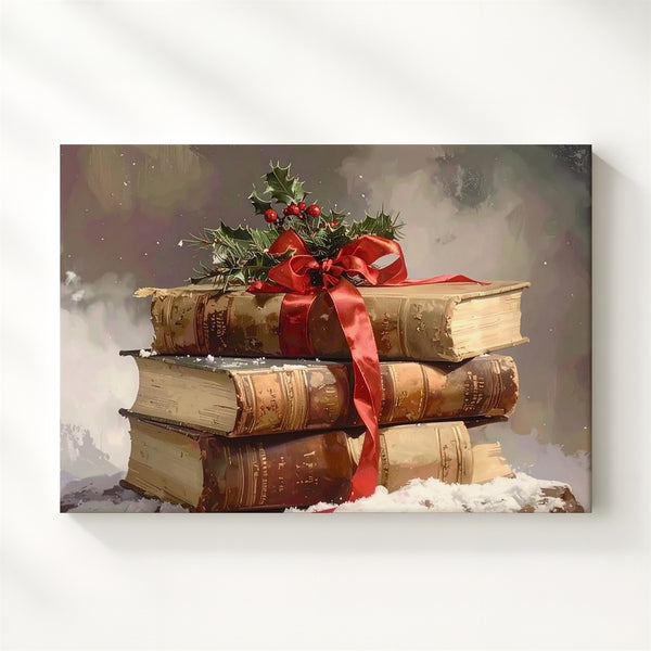 Vintage Holiday Books Canvas – Cozy Stack with Ribbon & Holly Sprigs - Gifitto