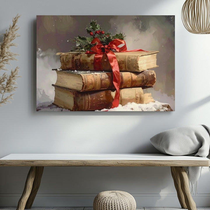 Vintage Holiday Books Canvas – Cozy Stack with Ribbon & Holly Sprigs - Gifitto