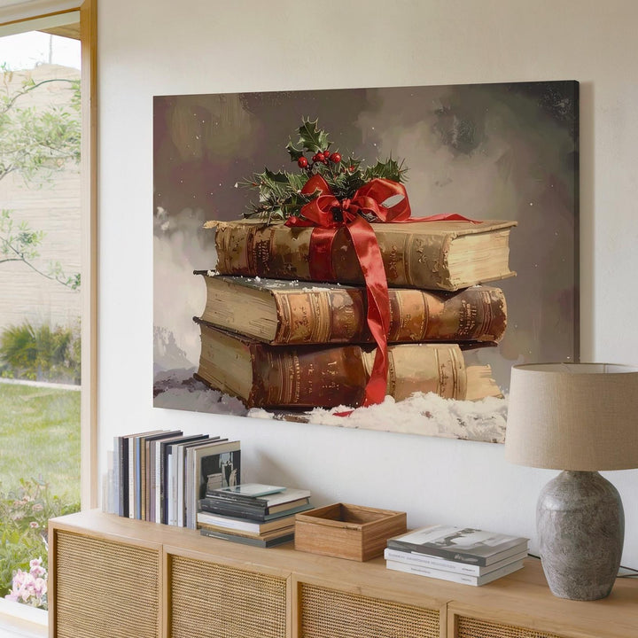Vintage Holiday Books Canvas – Cozy Stack with Ribbon & Holly Sprigs - Gifitto