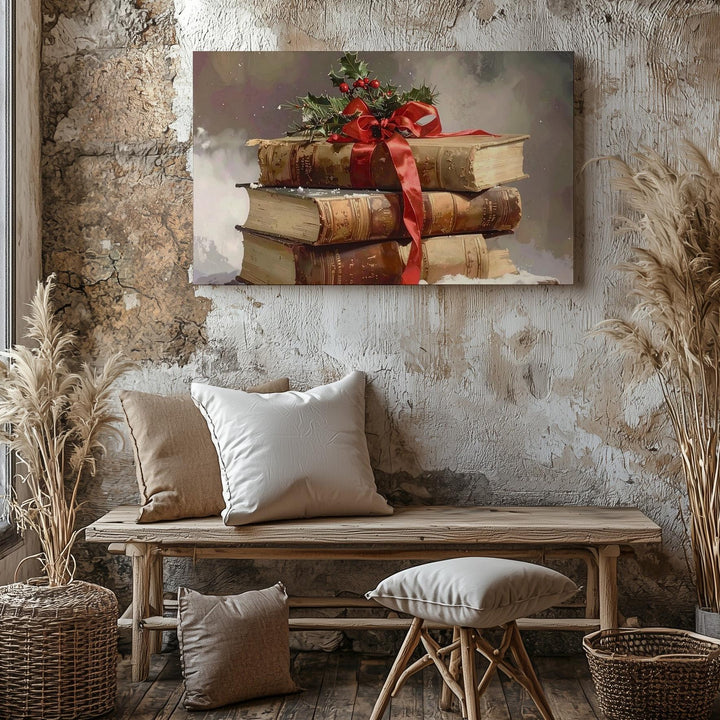 Vintage Holiday Books Canvas – Cozy Stack with Ribbon & Holly Sprigs - Gifitto