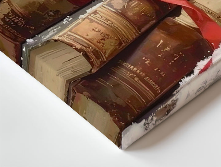 Vintage Holiday Books Canvas – Cozy Stack with Ribbon & Holly Sprigs - Gifitto