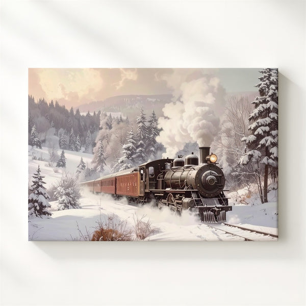 Vintage Steam Train Canvas – Nostalgic Christmas Journey Through Snowy Forest - Gifitto