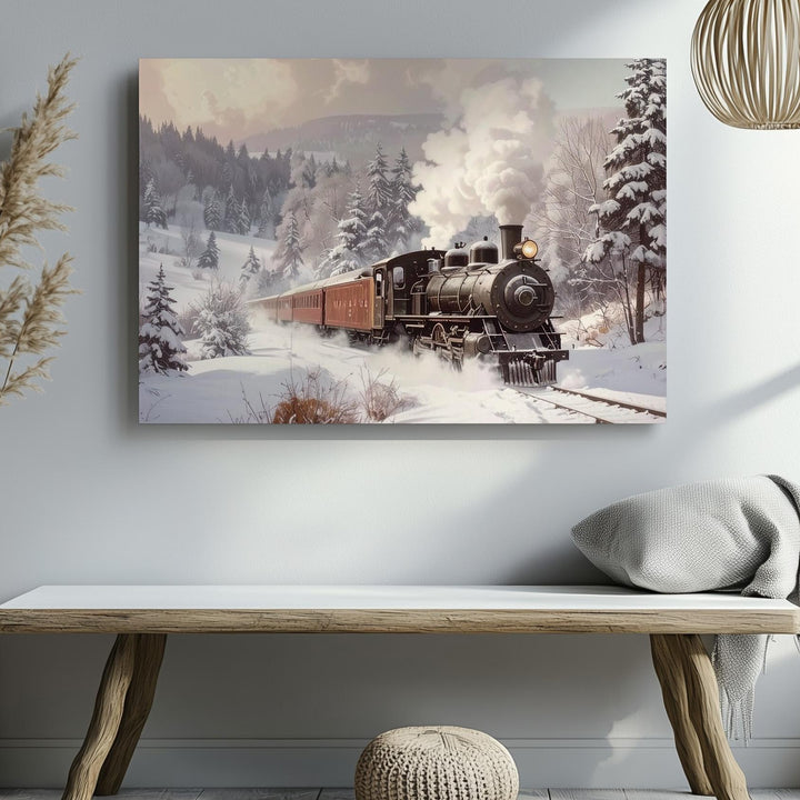 Vintage Steam Train Canvas – Nostalgic Christmas Journey Through Snowy Forest - Gifitto