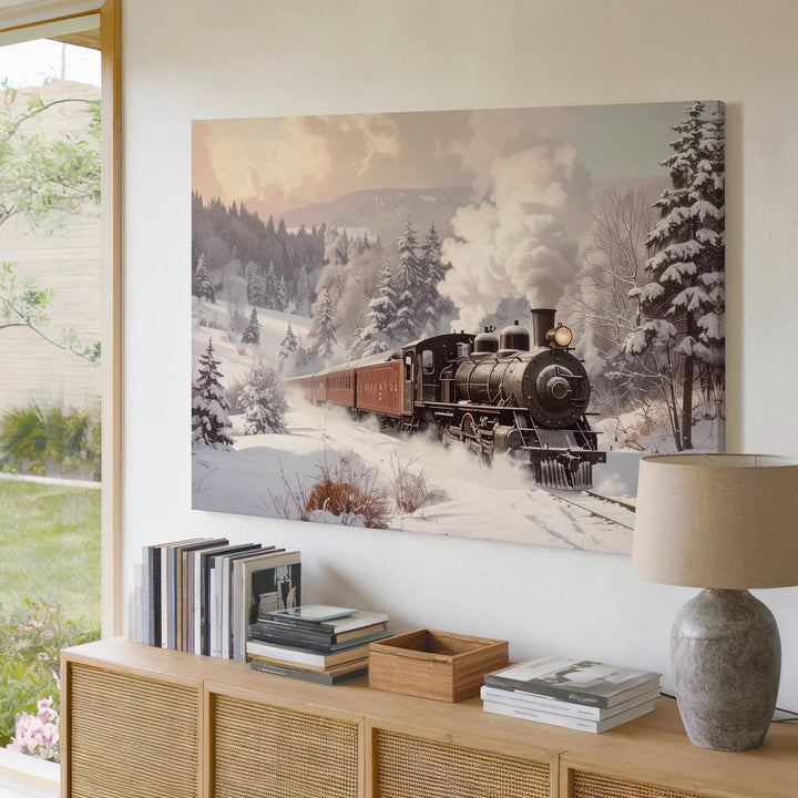Vintage Steam Train Canvas – Nostalgic Christmas Journey Through Snowy Forest - Gifitto