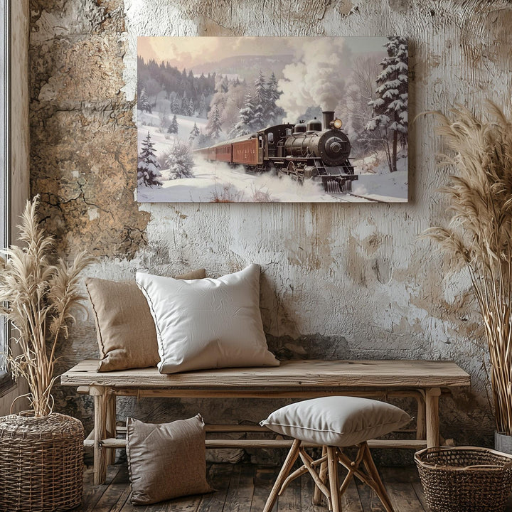 Vintage Steam Train Canvas – Nostalgic Christmas Journey Through Snowy Forest - Gifitto