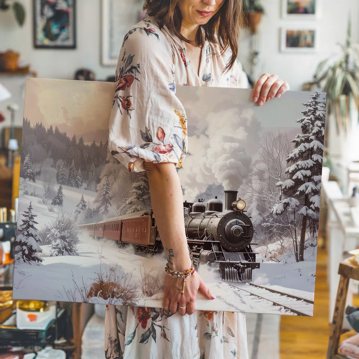Vintage Steam Train Canvas – Nostalgic Christmas Journey Through Snowy Forest - Gifitto