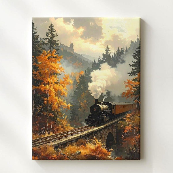 Autumn Steam Train Canvas – Vintage Railway Scene with Gothic Castle & Fall Forest - Gifitto