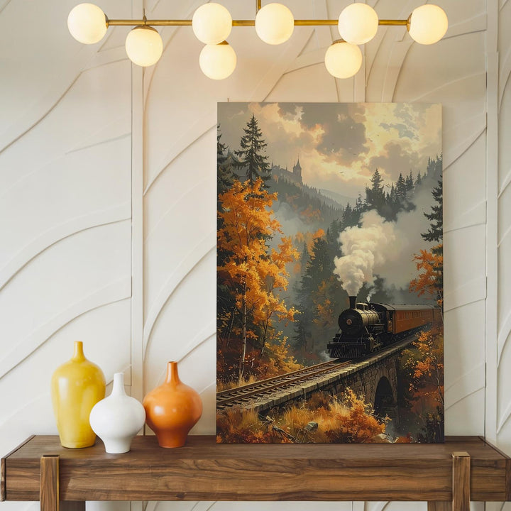 Autumn Steam Train Canvas – Vintage Railway Scene with Gothic Castle & Fall Forest - Gifitto