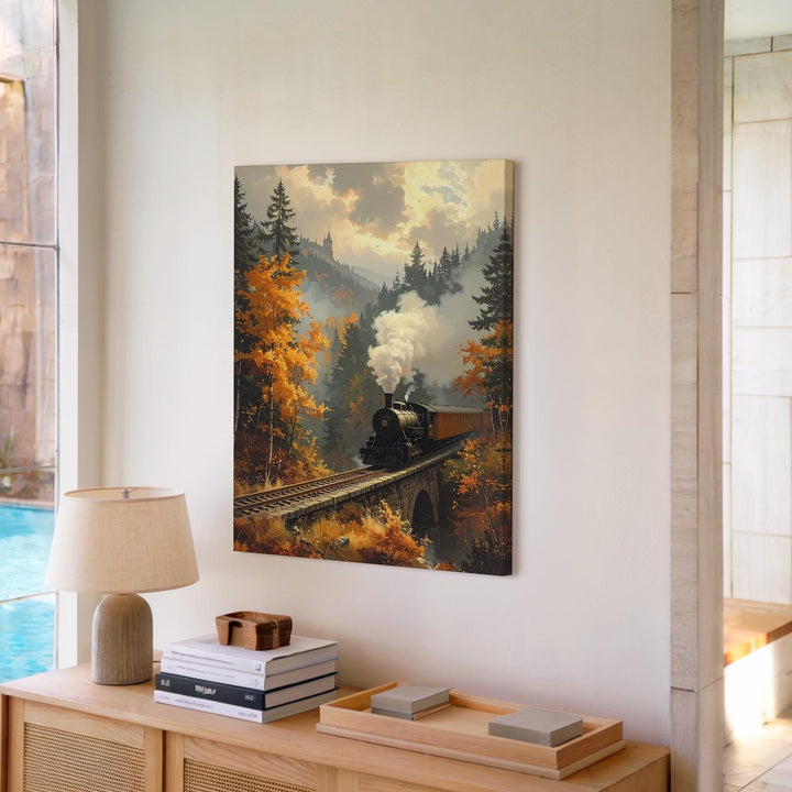 Autumn Steam Train Canvas – Vintage Railway Scene with Gothic Castle & Fall Forest - Gifitto