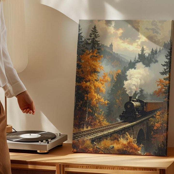 Autumn Steam Train Canvas – Vintage Railway Scene with Gothic Castle & Fall Forest - Gifitto