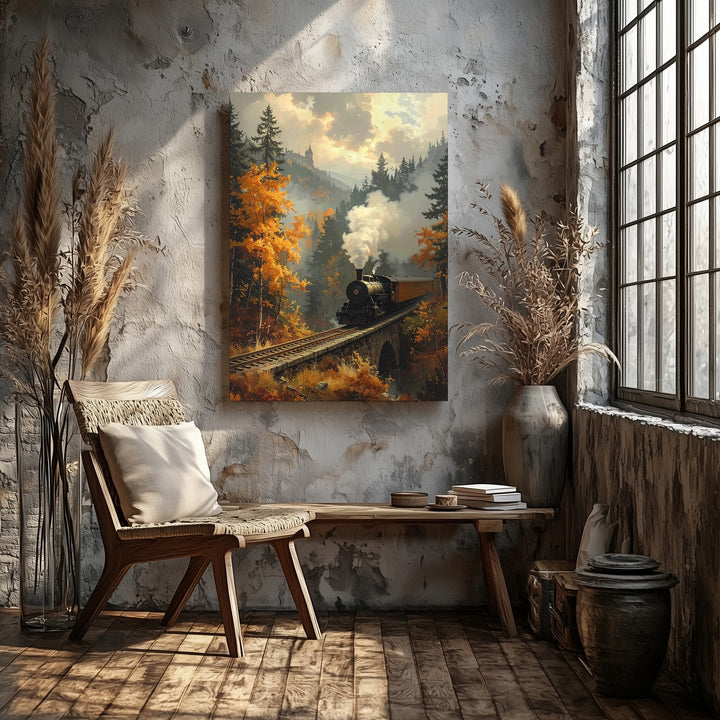 Autumn Steam Train Canvas – Vintage Railway Scene with Gothic Castle & Fall Forest - Gifitto