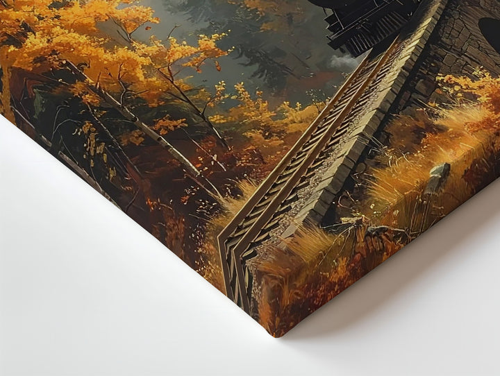 Autumn Steam Train Canvas – Vintage Railway Scene with Gothic Castle & Fall Forest - Gifitto