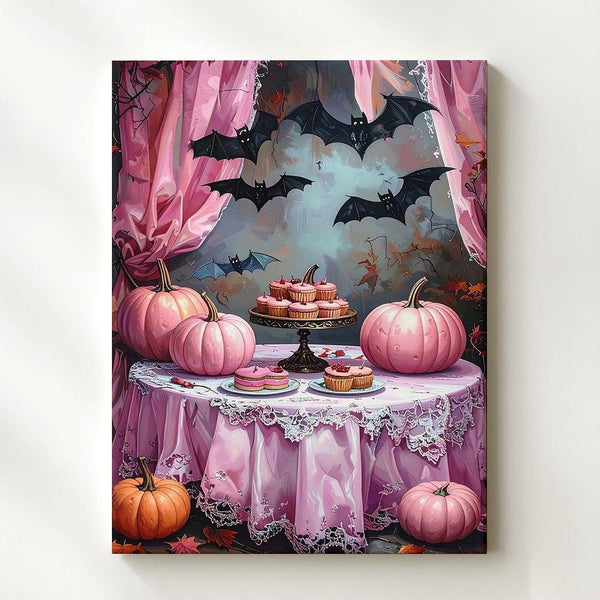 Vintage Halloween Tea Party Canvas – Lace Table & Pink Pumpkins Art - Gifitto