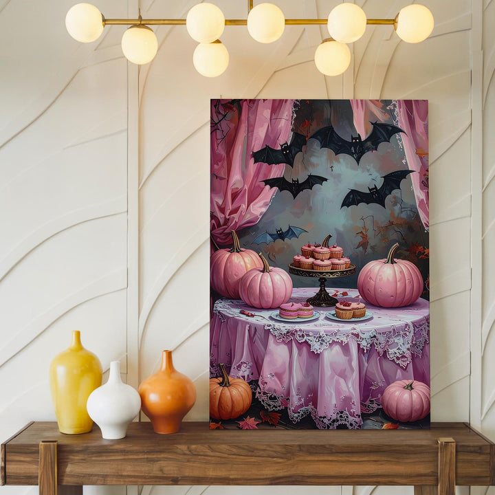 Vintage Halloween Tea Party Canvas – Lace Table & Pink Pumpkins Art - Gifitto