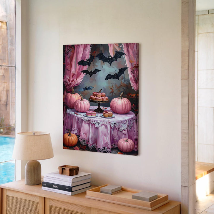 Vintage Halloween Tea Party Canvas – Lace Table & Pink Pumpkins Art - Gifitto
