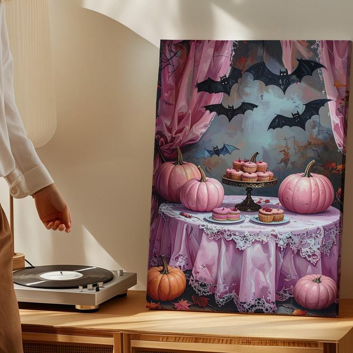 Vintage Halloween Tea Party Canvas – Lace Table & Pink Pumpkins Art - Gifitto