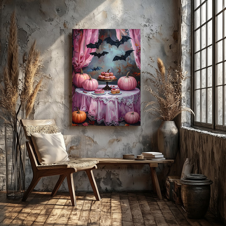 Vintage Halloween Tea Party Canvas – Lace Table & Pink Pumpkins Art - Gifitto