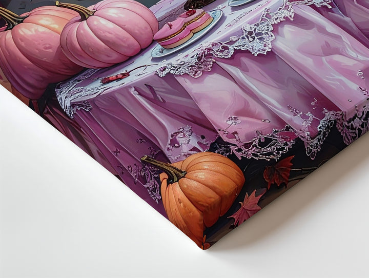 Vintage Halloween Tea Party Canvas – Lace Table & Pink Pumpkins Art - Gifitto
