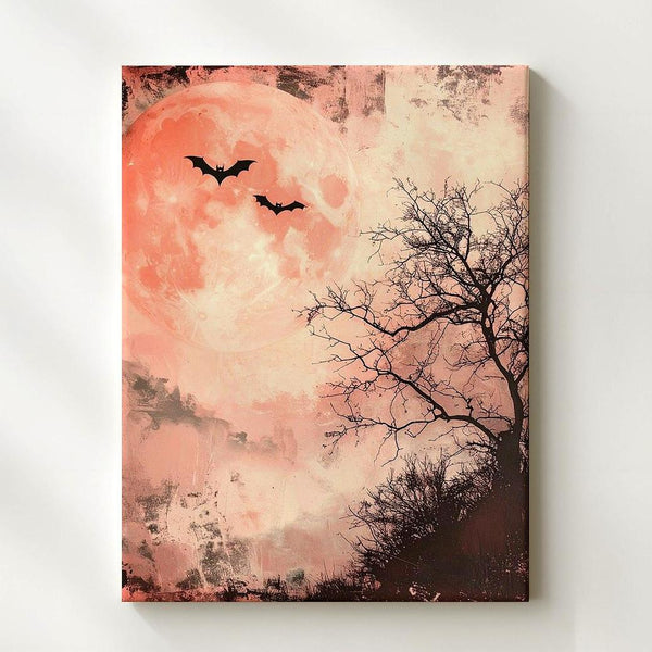 Vintage Halloween Moon Canvas – Spooky Night with Bats & Bare Tree - Gifitto