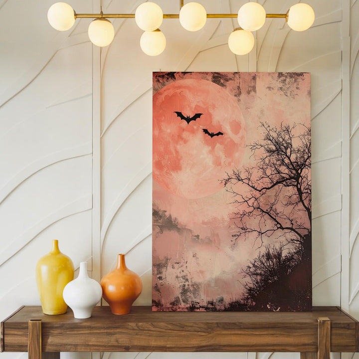 Vintage Halloween Moon Canvas – Spooky Night with Bats & Bare Tree - Gifitto