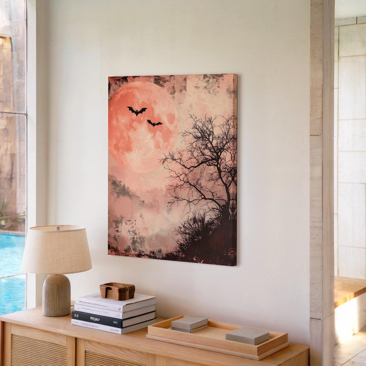 Vintage Halloween Moon Canvas – Spooky Night with Bats & Bare Tree - Gifitto