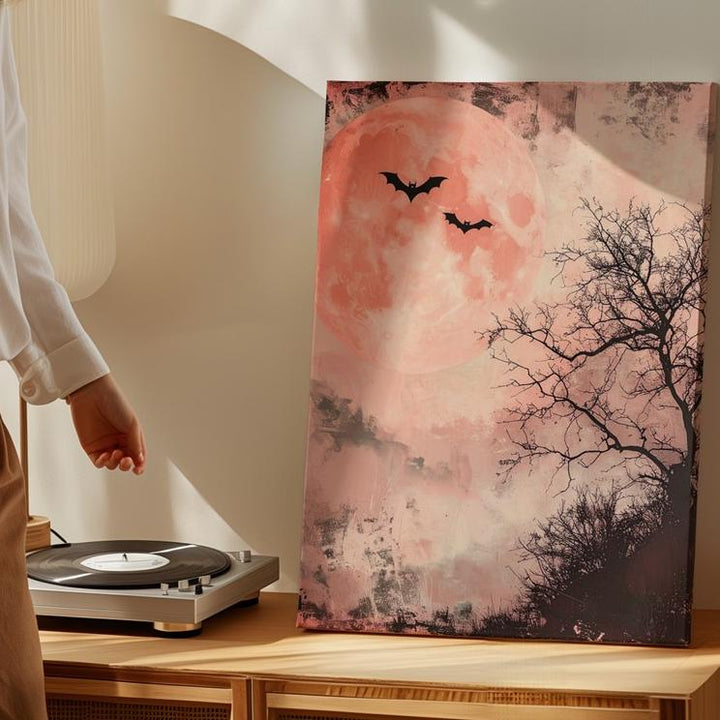 Vintage Halloween Moon Canvas – Spooky Night with Bats & Bare Tree - Gifitto