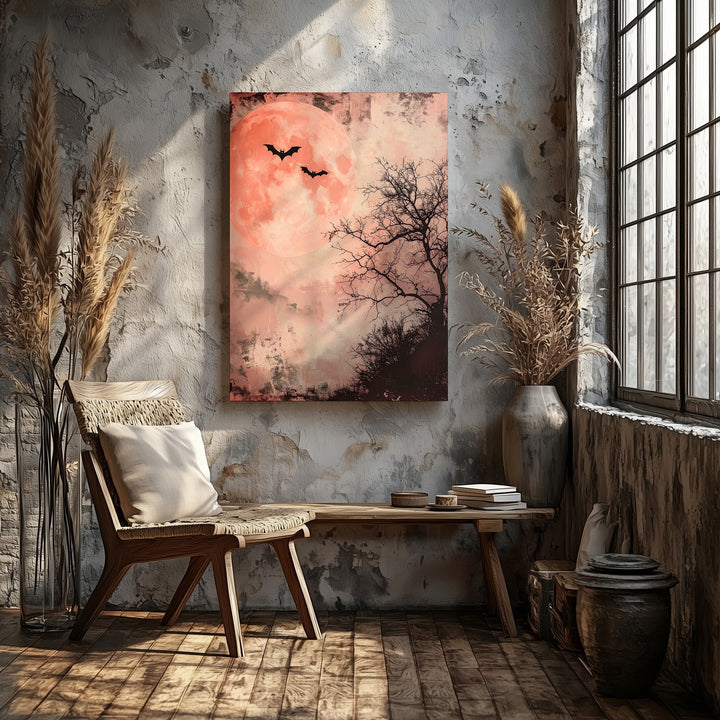 Vintage Halloween Moon Canvas – Spooky Night with Bats & Bare Tree - Gifitto