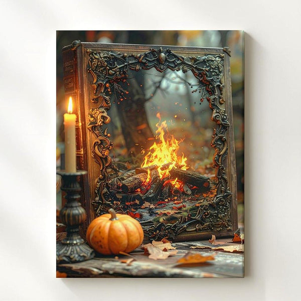 Vintage Storybook Still Life Canvas – Cozy Halloween Candle & Pumpkin Art - Gifitto