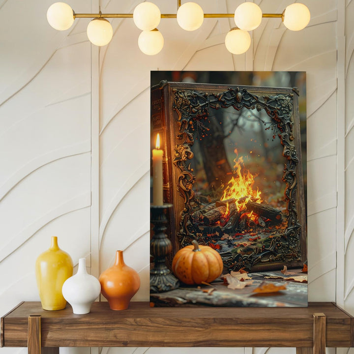 Vintage Storybook Still Life Canvas – Cozy Halloween Candle & Pumpkin Art - Gifitto