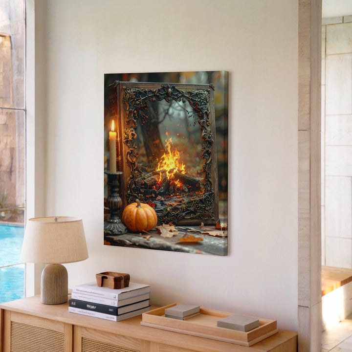 Vintage Storybook Still Life Canvas – Cozy Halloween Candle & Pumpkin Art - Gifitto