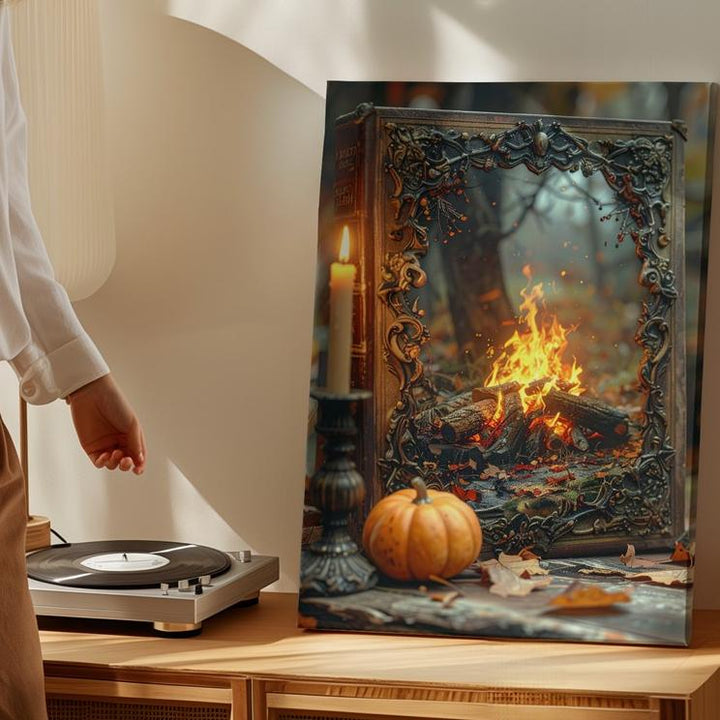 Vintage Storybook Still Life Canvas – Cozy Halloween Candle & Pumpkin Art - Gifitto