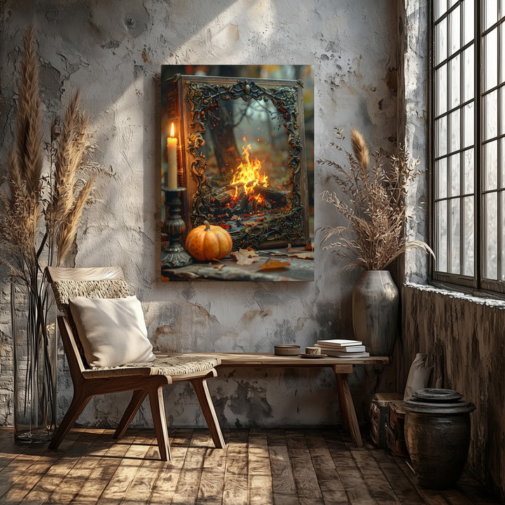 Vintage Storybook Still Life Canvas – Cozy Halloween Candle & Pumpkin Art - Gifitto