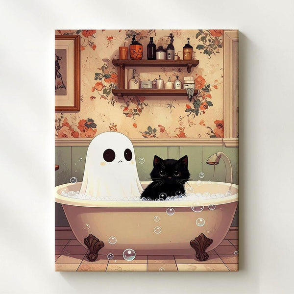 Vintage Ghost & Cat Bath Canvas – Nostalgic Halloween Bathroom Art - Gifitto